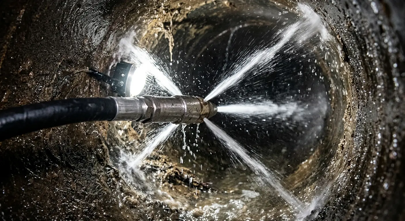 High-pressure hydro jetting nozzle cleaning sewer pipe for Sewer Line Relining in Westphalia