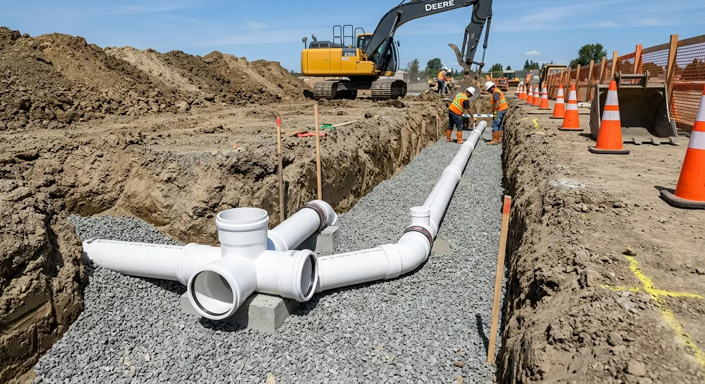 New PVC sewer pipe installation in open trench for Sewer Camera Inspection in Westphalia