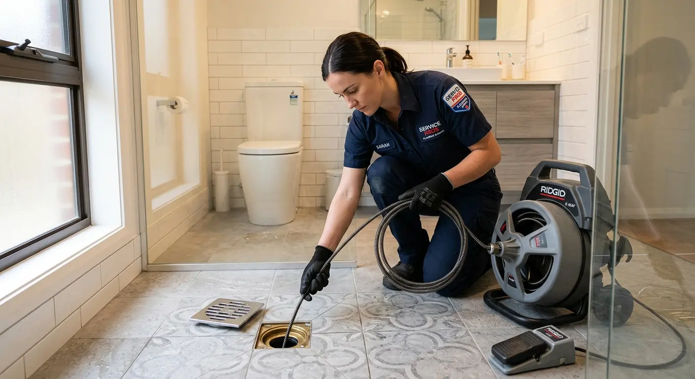 Technician clearing a bathroom floor drain for Drain Repair in Westphalia